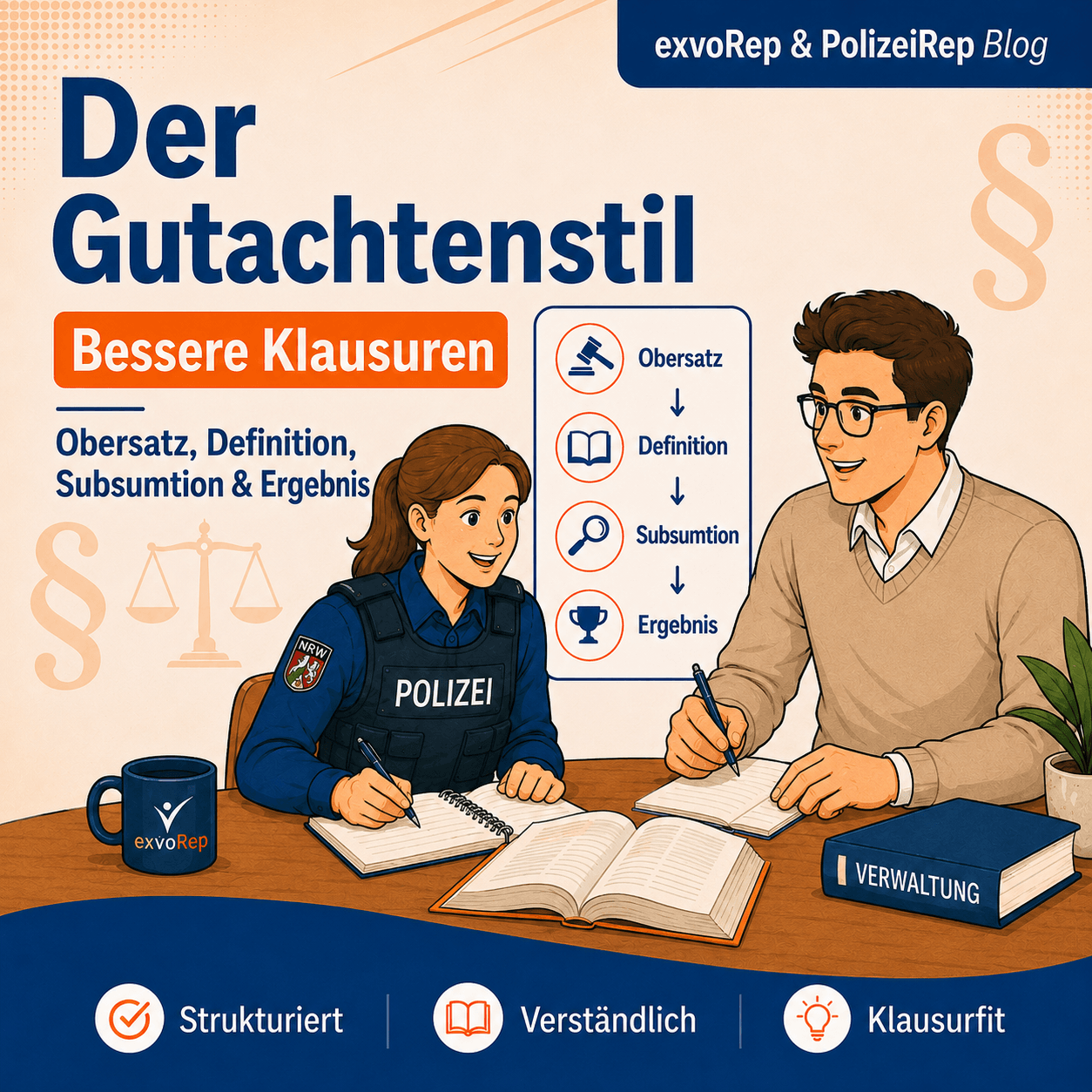 Illustration zum Gutachtenstil an der HSPV NRW mit Polizei- und Verwaltungsstudierenden beim Lernen.