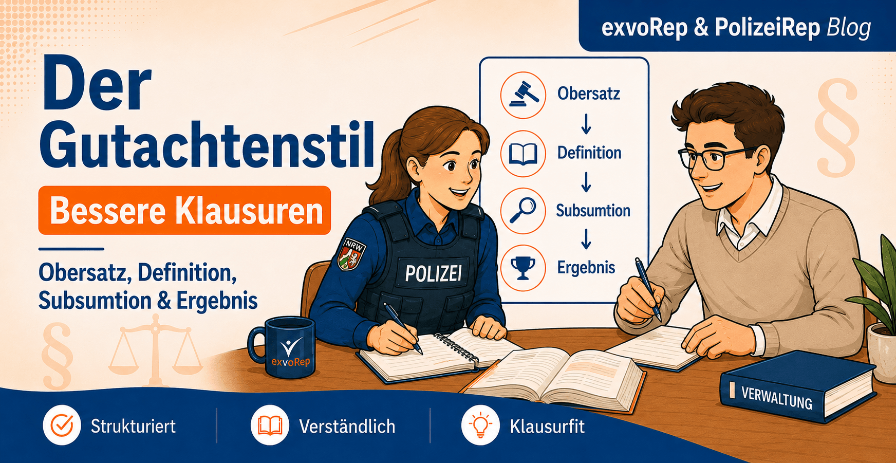 Polizeistudentin und Verwaltungsstudent lernen gemeinsam den Gutachtenstil mit Obersatz, Definition, Subsumtion und Ergebnis.
