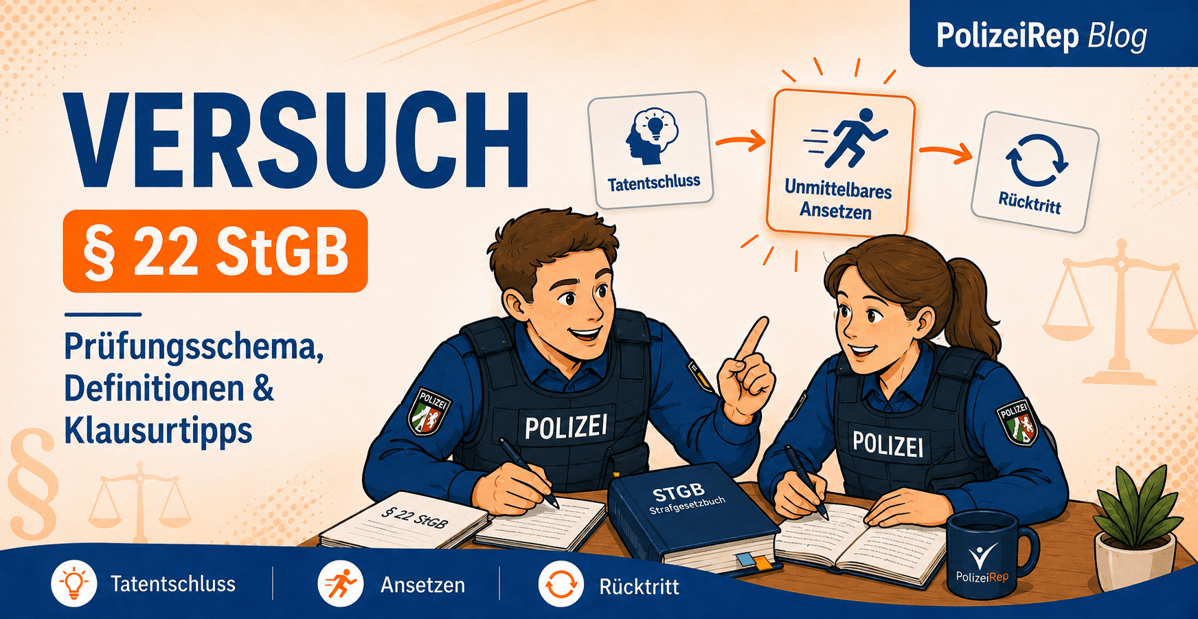 Versuch nach § 22 StGB: Prüfungsschema mit Tatentschluss, unmittelbarem Ansetzen und Rücktritt für Strafrecht GS 4 an der HSPV NRW