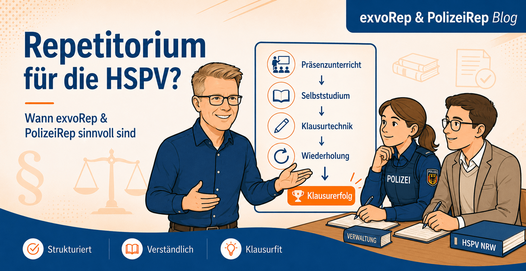 Dozent erklärt einer Polizeistudentin und einem Verwaltungsstudenten, wann ein Repetitorium für die Klausurvorbereitung an der HSPV NRW sinnvoll ist.